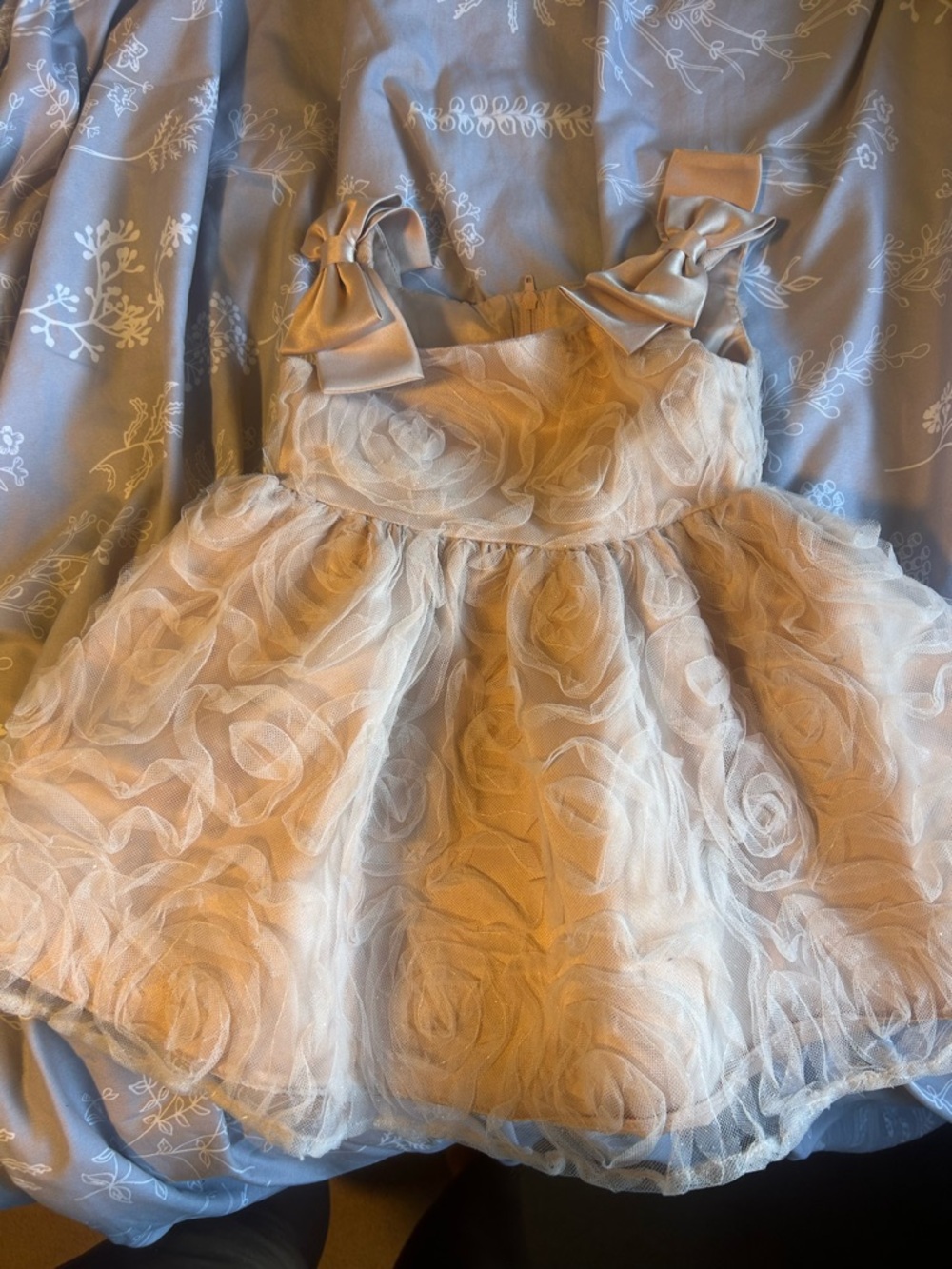 Girls' Champagne Rosette Tulle Party Dress with Bow Straps